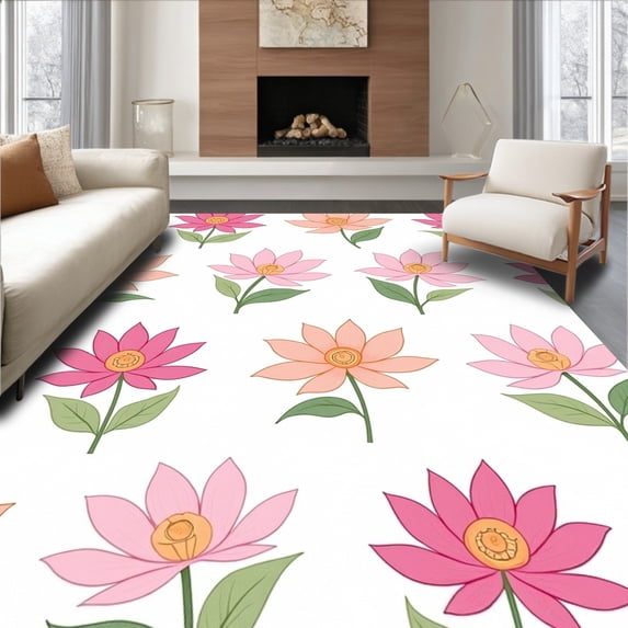 ODIKA 5'x7' Machine Washable Non-Slip Area Rug, Serene Lotus Garden with Flowing Petal Shapes and Gentle Ombre Tones High Traffic Rug, Pink, 569524