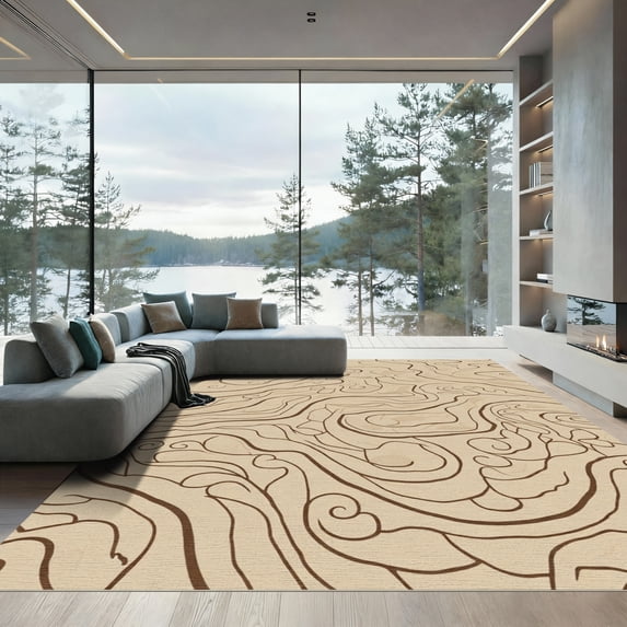 ODIKA 5'x7' Machine Washable Non-Slip Area Rug, Serpentine Boho Patterned with Interlocking Curved Motifs High Traffic Rug with Pad, Beige, 903104