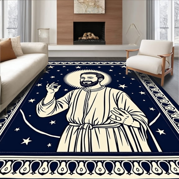 ODIKA 5x7 Machine Washable Non-Slip Area Rug, Shepherd Wonder Embroidery Canvas Festive Keepsake High Traffic Rug, Blue, 743284