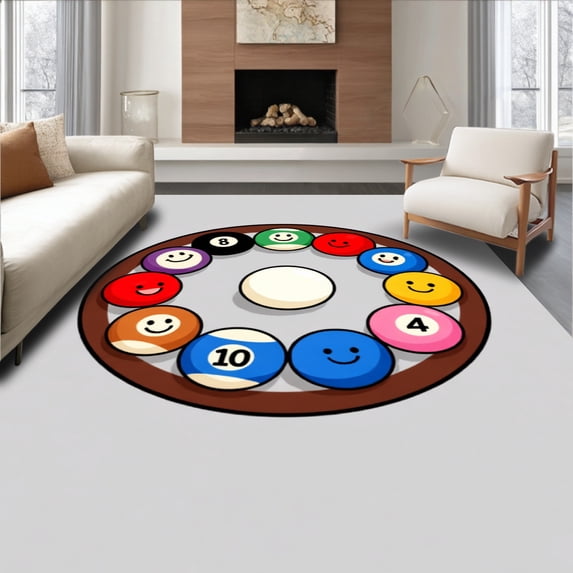 ODIKA 5'x7' Machine Washable Non-Slip Area Rug, Smiling Billiard Balls Circular Formation High Traffic Rug, Brown, 841083