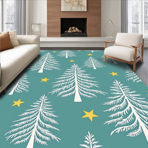 ODIKA 5'x7' Machine Washable Non-Slip Area Rug, Snow Dusted Pine Forest Motif with Scattered Accents High Traffic Rug with Pad, White, 655825