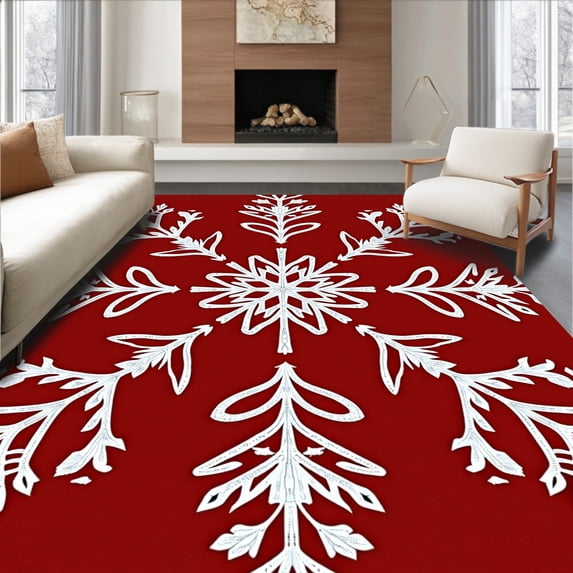 ODIKA 5'x7' Machine Washable Non-Slip Area Rug, Snowflake Burst Winter Holiday Decorative High Traffic Rug with Pad, Red, 611415