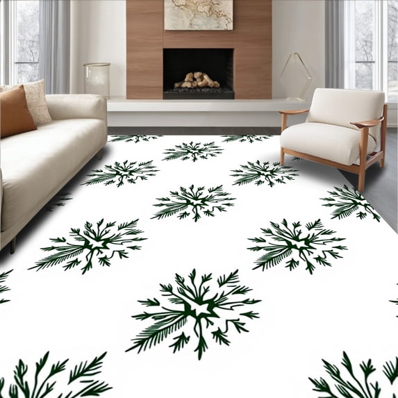 ODIKA 5'x7' Machine Washable Non-Slip Area Rug, Snowflake Forest with Evergreen Branches and Sparkling Motifs High Traffic Rug, Green, 627920