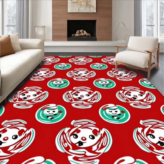 ODIKA 5'x7' Machine Washable Non-Slip Area Rug, Snowman Cheerful Peppermint Ring Decorative Festive High Traffic Rug, Red, 654890