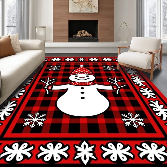 ODIKA 5'x7' Machine Washable Non-Slip Area Rug, Snowman Plaid Patchwork Holiday with Nordic Motifs High Traffic Rug, Red, 638350