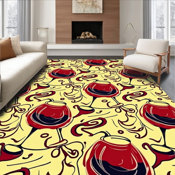 ODIKA 5'x7' Machine Washable Non-Slip Area Rug, Sophisticated Crystal Stemware Entrance Featuring Cabernet Motif High Traffic Rug, Yellow, 536309