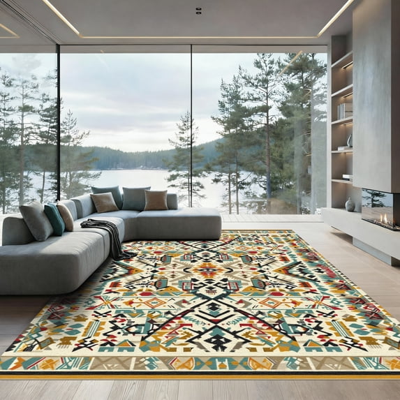 ODIKA 5'x7' Machine Washable Non-Slip Area Rug, Southwestern Cream High Traffic Rug, Beige, 1047479