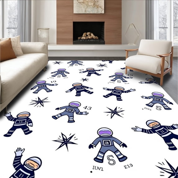 ODIKA 5'x7' Machine Washable Non-Slip Area Rug, Space Galaxy Educational Floor with Planets & Counting High Traffic Rug with Pad, Blue, 681073