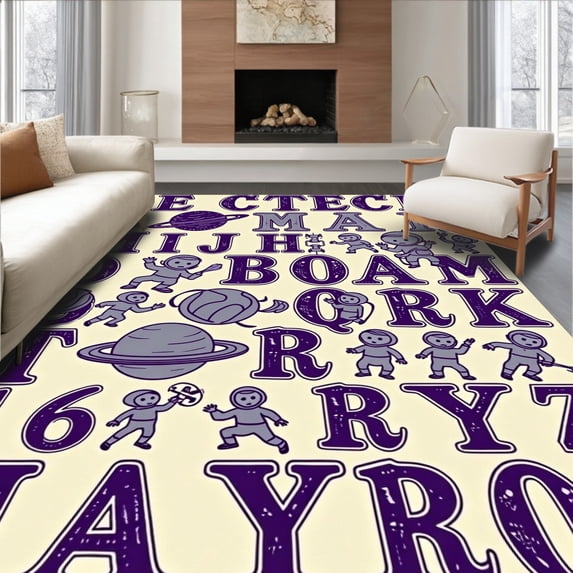 ODIKA 5'x7' Machine Washable Non-Slip Area Rug, Space Galaxy Letters Cosmic Learning Adventure High Traffic Rug with Pad, Beige, 693447