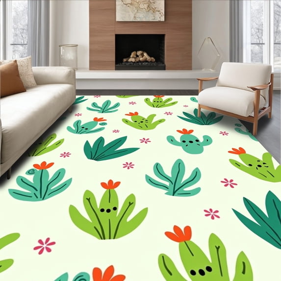 ODIKA 5'x7' Machine Washable Non-Slip Area Rug, Spiky Desert Friends Indoor Design High Traffic Rug, Green, 721886