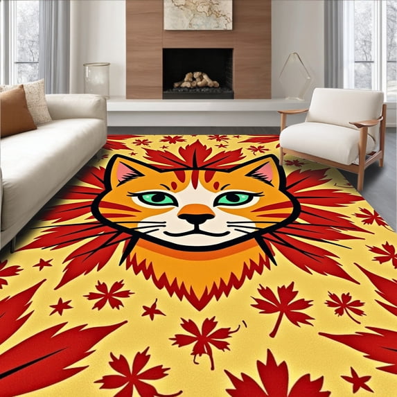 ODIKA 5'x7' Machine Washable Non-Slip Area Rug, Spooky Cat Portrait Embroidery Hook Kit Halloween Themed Crochet Project High Traffic Rug, Yellow, 650109