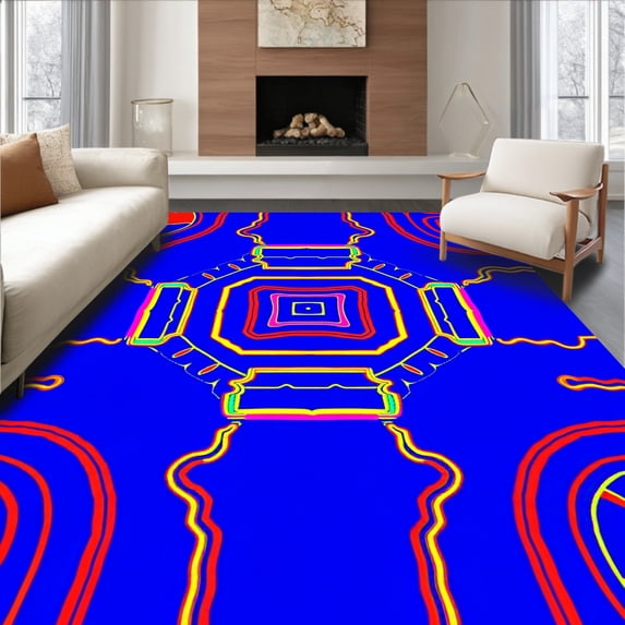 ODIKA 5'x7' Machine Washable Non-Slip Area Rug, Sports with Baseball Soccer Basketball Motifs High Traffic Rug, Blue, 673713