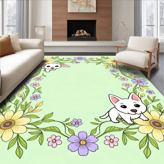 ODIKA 5'x7' Machine Washable Non-Slip Area Rug, Spring Blossom Puppy Embroidery Kit with Decorative Flower Border Motifs High Traffic Rug with Pad, Yellow, 635953