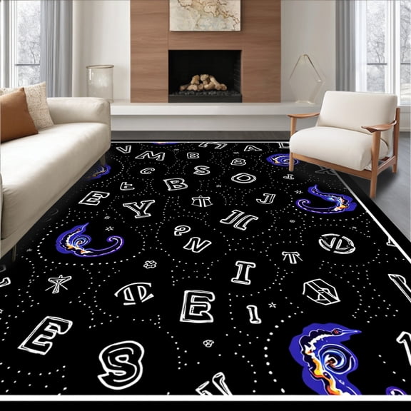 ODIKA 5'x7' Machine Washable Non-Slip Area Rug, Starry Night ABC Knowledge Constellation Celestial Education Map High Traffic Rug, Black, 687276