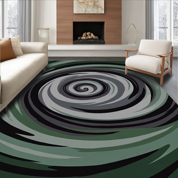 ODIKA 5x7 Machine Washable Non-Slip Area Rug, Storm Cloud Swirl Abstract Cyclone Dynamic Motion High Traffic Rug, Green, 568838