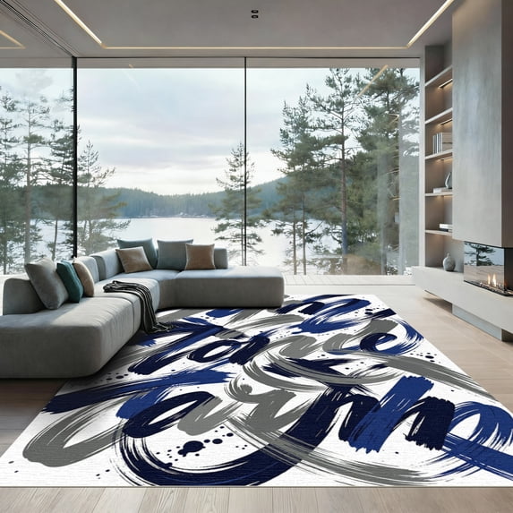 ODIKA 5'x7' Machine Washable Non-Slip Area Rug, Street Navy Blue High Traffic Rug, Blue, 956050