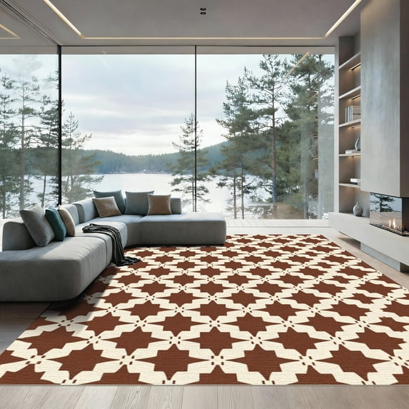 ODIKA 5'x7' Machine Washable Non-Slip Area Rug, Stylish Interlocking Animal Inspired Design with Warm Accents High Traffic Rug with Pad, Brown, 909351
