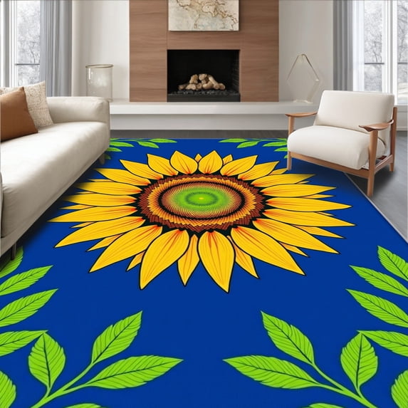 ODIKA 5'x7' Machine Washable Non-Slip Area Rug, Sunburst Bloom Latch Hook with Radiant Petal Motifs High Traffic Rug, Yellow, 645042