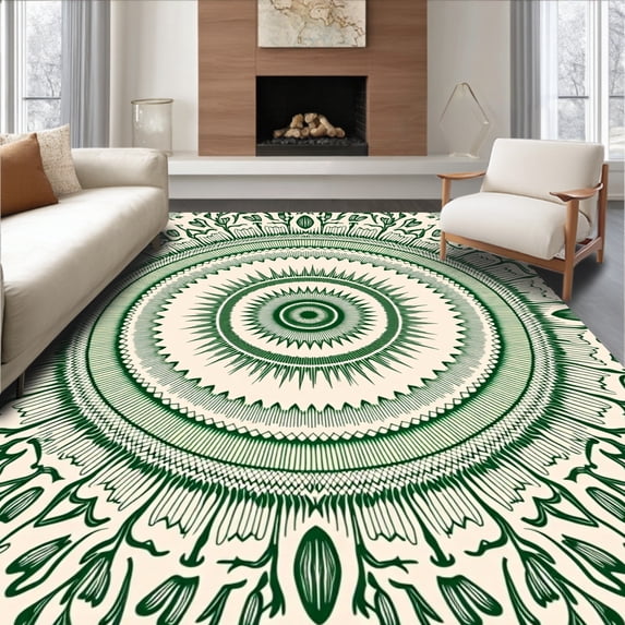 ODIKA 5'x7' Machine Washable Non-Slip Area Rug, Sunburst Interlocking Vine Motif High Traffic Rug with Pad, Beige, 462405