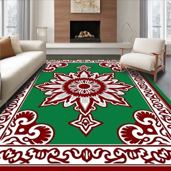 ODIKA 5'x7' Machine Washable Non-Slip Area Rug, Sunburst Medallion Interlocking Motif Design with Ornate Scrollwork Accents High Traffic Rug, Green, 718451