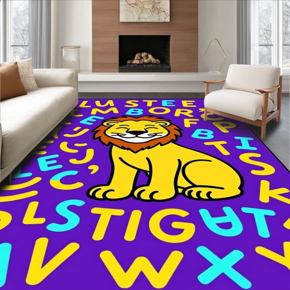 ODIKA 5'x7' Machine Washable Non-Slip Area Rug, Sunny Alphabet Parade Featuring Smiling Lion and Playful Letter Forms High Traffic Rug with Pad, Purple, 693168