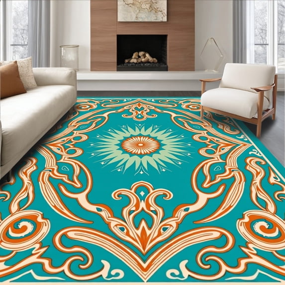 ODIKA 5'x7' Machine Washable Non-Slip Area Rug, Sunset Harbor Paisley Medallion Interlocking Swirl Labyrinth High Traffic Rug, Teal, 581503