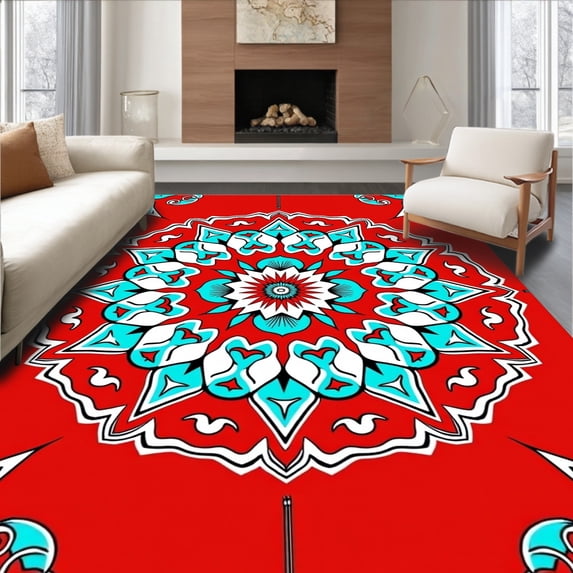 ODIKA 5'x7' Machine Washable Non-Slip Area Rug, Symmetrical Lotus Petal Design Ornamental High Traffic Rug with Pad, Red, 708003