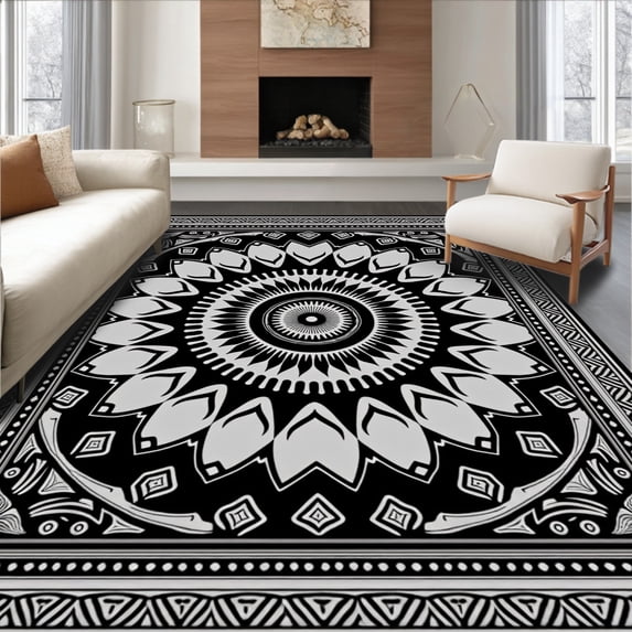 ODIKA 5'x7' Machine Washable Non-Slip Area Rug, Symmetrical Radial Starburst Zen Meditation Design High Traffic Rug with Pad, Black, 437404
