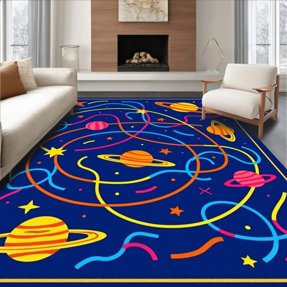 ODIKA 5x7 Machine Washable Non-Slip Area Rug, System Arrangement with Vibrant Comet Trails and Abstract Spacecrafts High Traffic Rug with Pad, Blue, 440664
