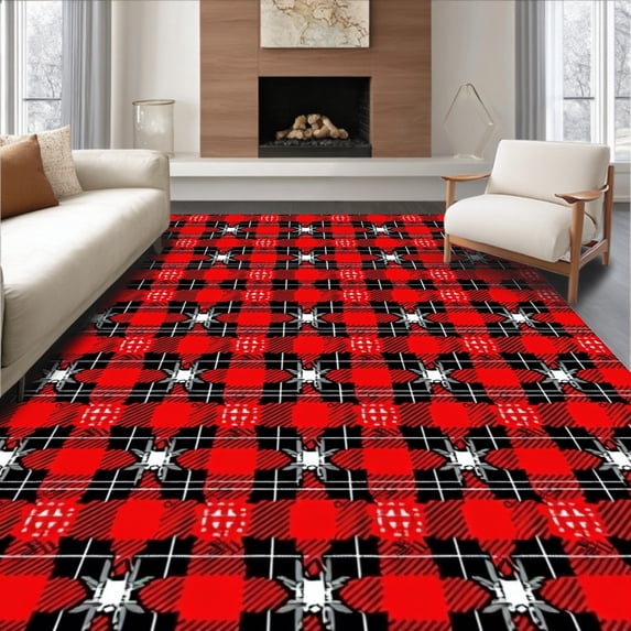 ODIKA 5'x7' Machine Washable Non-Slip Area Rug, Tartan Inspired Festive Floor with Scottish Highland Motifs High Traffic Rug, Red, 624673