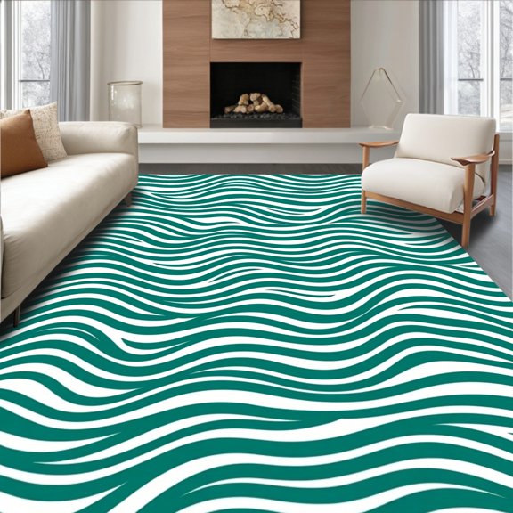 ODIKA 5x7 Machine Washable Non-Slip Area Rug, Tidal Rhythm Latch Hook Design with Stylized Sea Waves High Traffic Rug, Blue, 717442