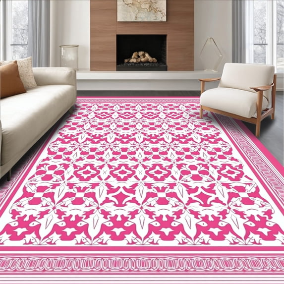 ODIKA 5'x7' Machine Washable Non-Slip Area Rug, Tile Inspired Padded Comfort Floor Cover High Traffic Rug with Pad, Pink, 597611