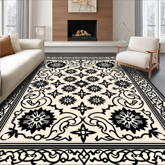 ODIKA 5'x7' Machine Washable Non-Slip Area Rug, Tile Mosaic with Ornate Medallions High Traffic Rug with Pad, Beige, 560296