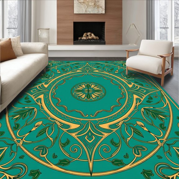 ODIKA 5x7 Machine Washable Non-Slip Area Rug, Timeless Botanical Vine Latticework High Traffic Rug, Turquoise, 518689