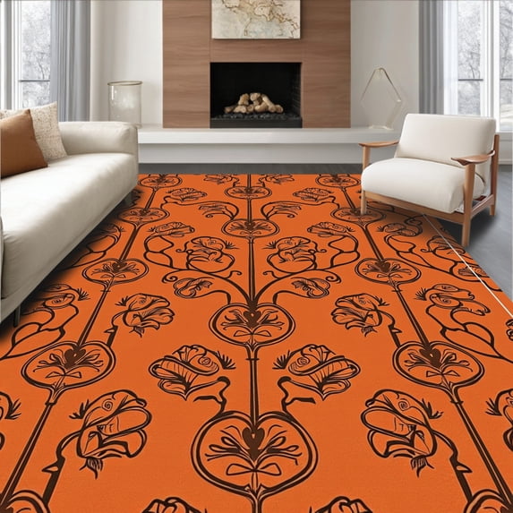 ODIKA 5x7 Machine Washable Non-Slip Area Rug, Timeless Scrollwork Foliage Trellis Ornate Artisan High Traffic Rug with Pad, Orange, 663665