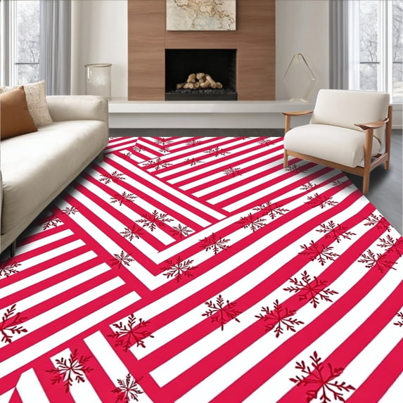 ODIKA 5'x7' Machine Washable Non-Slip Area Rug, Tis The Season Cane Stripe with Snowflake Embellishments High Traffic Rug with Pad, Red, 733281