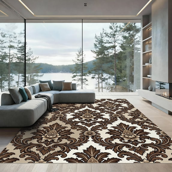 ODIKA 5'x7' Machine Washable Non-Slip Area Rug, Traditional Beige High Traffic Rug, Beige, 1015939