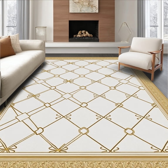 ODIKA 5'x7' Machine Washable Non-Slip Area Rug, Traditional Lattice with Subtle Gradient Transitions High Traffic Rug with Pad, Gold, 659033