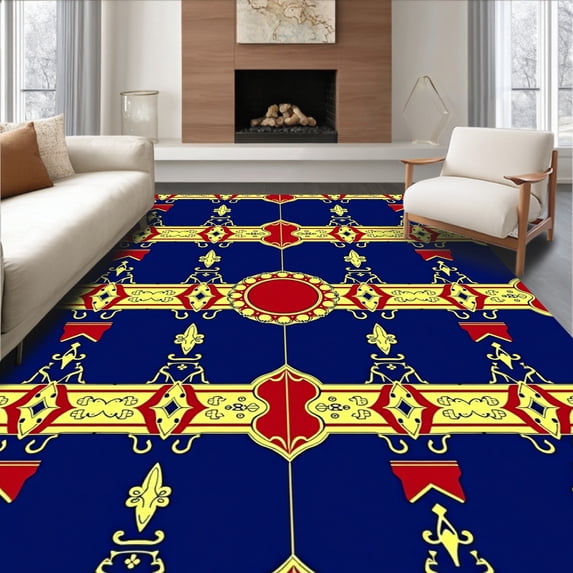 ODIKA 5'x7' Machine Washable Non-Slip Area Rug, Transportation Hub Motif with Vintage Railroad High Traffic Rug with Pad, Blue, 592586