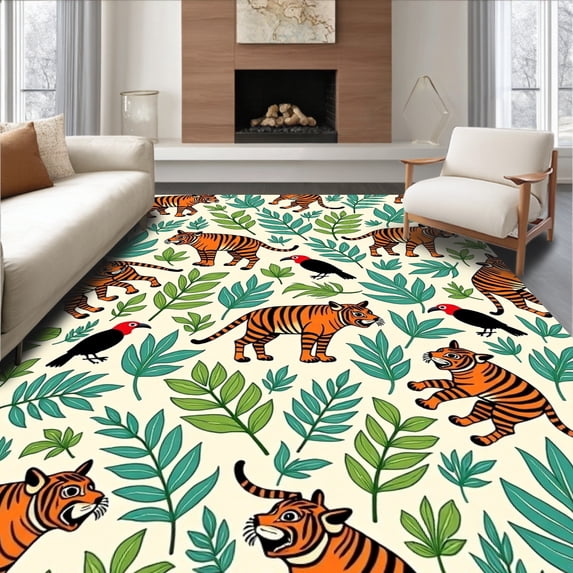 ODIKA 5'x7' Machine Washable Non-Slip Area Rug, Tropical Forest Tiger Parrot Toucan Rainforest Creature High Traffic Rug, Orange, 684436