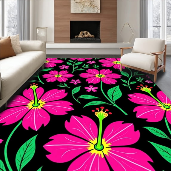 ODIKA 5'x7' Machine Washable Non-Slip Area Rug, Tropical Hibiscus Exotic Motif High Traffic Rug with Pad, Pink, 497458