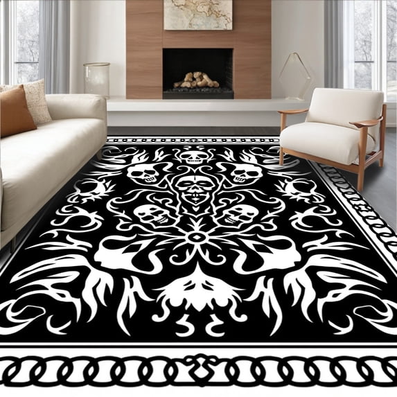 ODIKA 5'x7' Machine Washable Non-Slip Area Rug, Twisted Apparition Showcasing Grim Skull Faces and Shadowy Haunt High Traffic Rug, Black, 654856