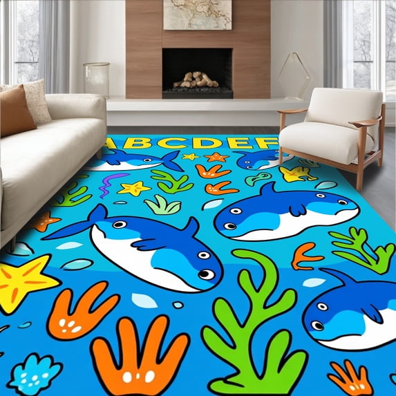 ODIKA 5'x7' Machine Washable Non-Slip Area Rug, Undersea Alphabet Explorer Rectangular Activity Surface High Traffic Rug, Blue, 688929