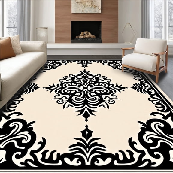 ODIKA 5'x7' Machine Washable Non-Slip Area Rug, Victorian Medallion Scrollwork with Baroque Filigree Motifs High Traffic Rug, Beige, 665699