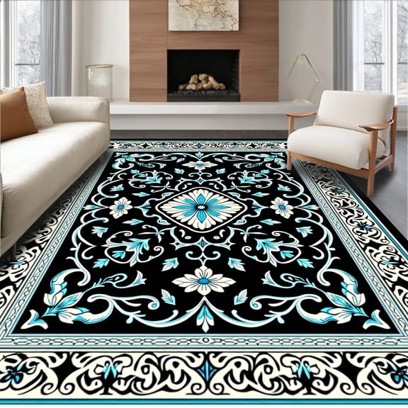 ODIKA 5x7 Machine Washable Non-Slip Area Rug, Victorian Paisley Bouquet with Latticework Filigree Details High Traffic Rug, Black, 386159