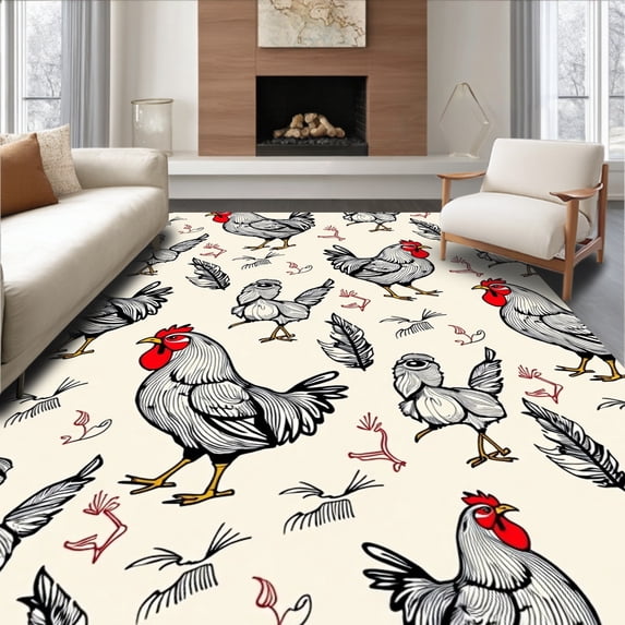 ODIKA 5'x7' Machine Washable Non-Slip Area Rug, Vintage Barnyard Hen Decorative Non Slip High Traffic Rug, Black, 728404