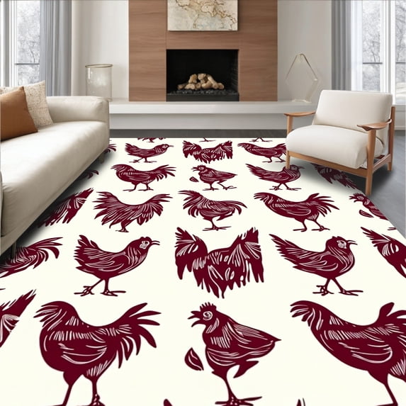 ODIKA 5'x7' Machine Washable Non-Slip Area Rug, Vintage Barnyard Rooster with Rustic Folk Art High Traffic Rug with Pad, Red, 621942