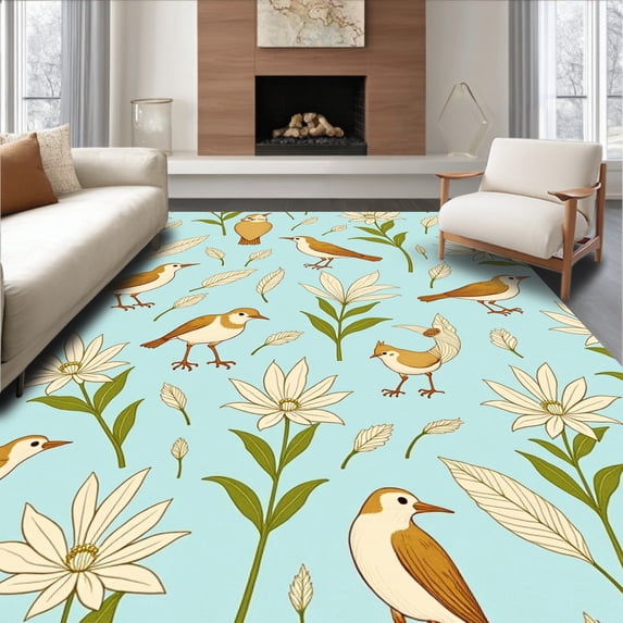 ODIKA 5'x7' Machine Washable Non-Slip Area Rug, Vintage Botanical Birds and Floral Motifs with Delicate Feather Accents High Traffic Rug with Pad, Blue, 477879
