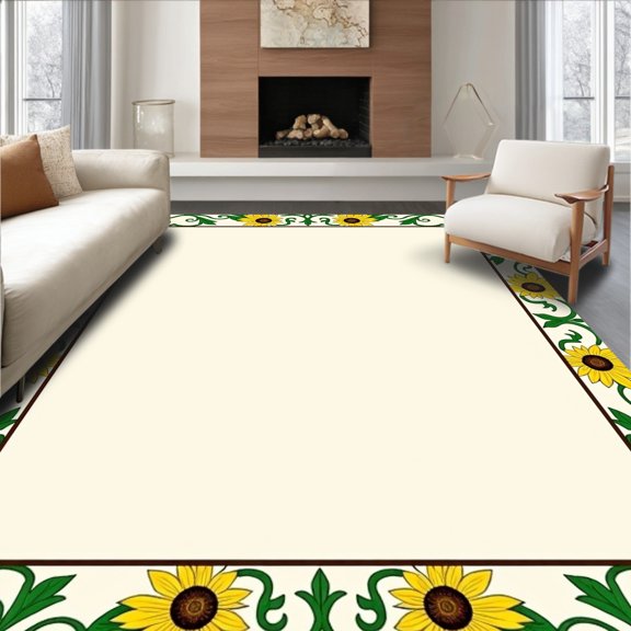 ODIKA 5x7 Machine Washable Non-Slip Area Rug, Vintage Botanical Scroll with Sunflower Motifs and Leafy Accents High Traffic Rug, Yellow, 537326