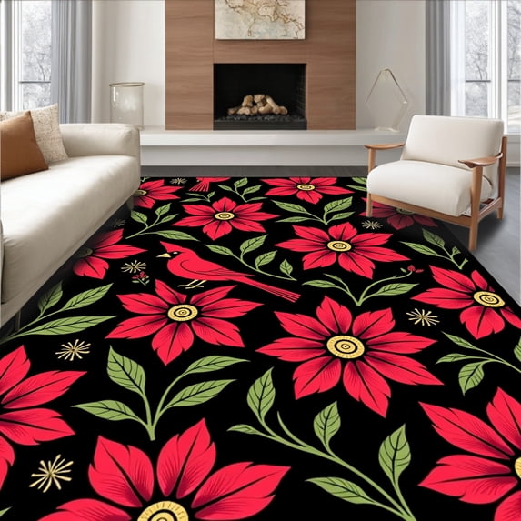 ODIKA 5'x7' Machine Washable Non-Slip Area Rug, Vintage Cardinal Poinsettia Anti Fatigue Christmas Cushioned High Traffic Rug with Pad, Red, 735282